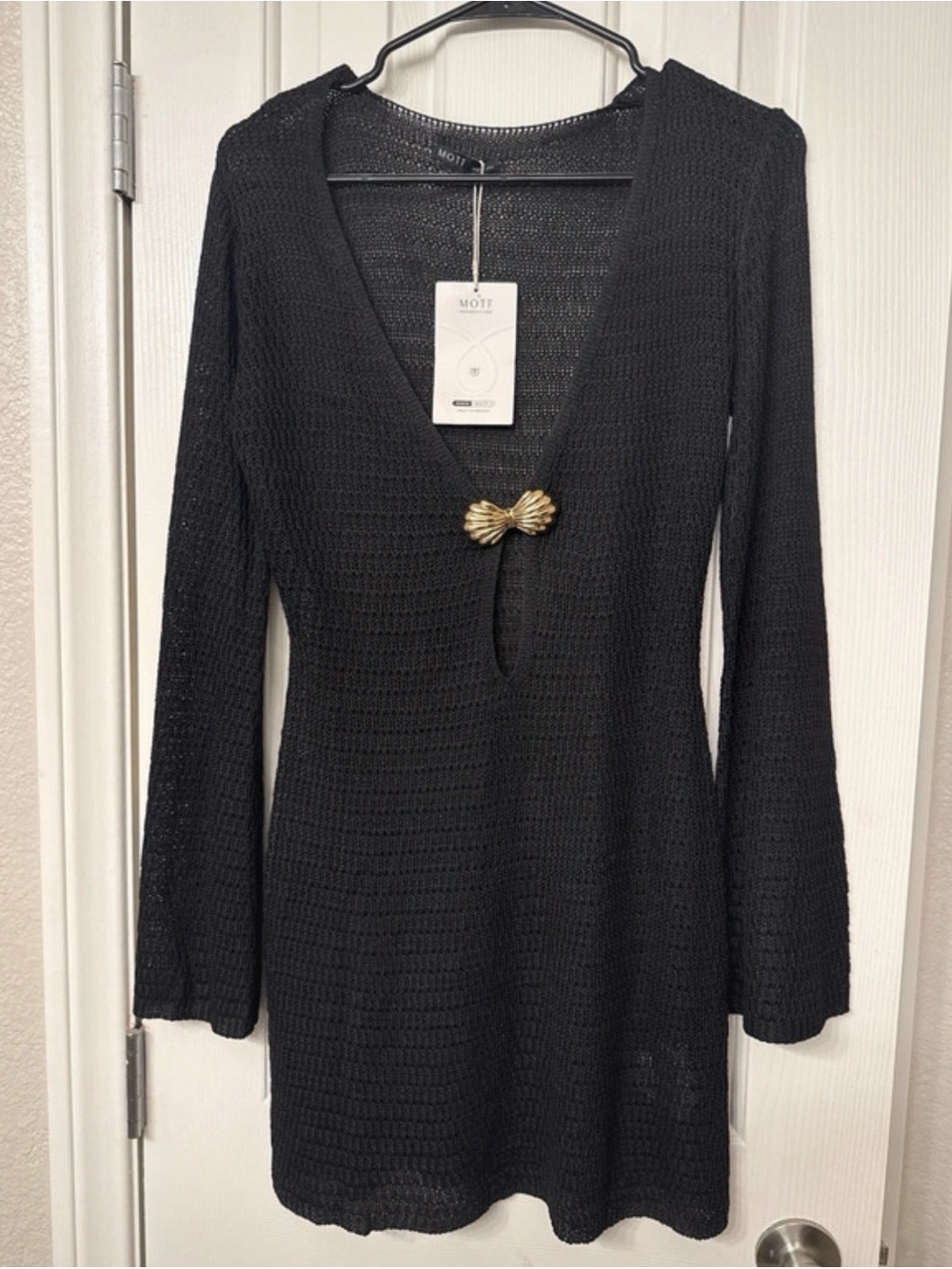 Black Long-Sleeve V-Neck Mini Dress with Gold Accent